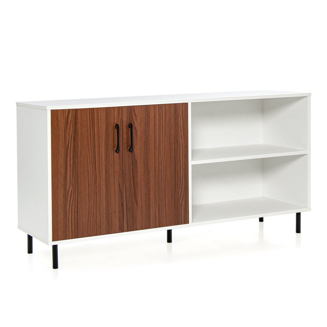 Sideboard Cabinet with Open Shelves Doors and Sturdy Metal Legs Walnut White
